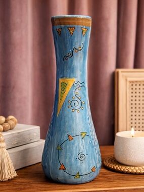 Handmade Studio Art Pottery Vase Blue Drip Glaze Textured Ceramic 14 Inch Tall